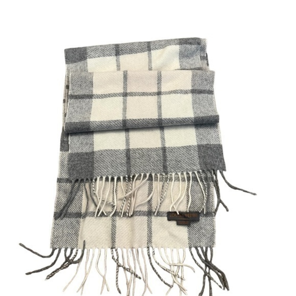 Louisa Perini 100% Cashmere Cream & Gray Windowpane Plaid Scarf